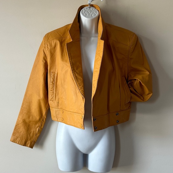 VINTAGE Yellow Cropped Genuine Leather Double Breast Jacket By Yucatan Bay Sz M - Picture 4 of 13